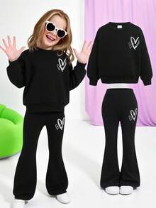 SHEIN 年轻女孩纯黑色/秋冬/针织休闲宽松心形印花运动衫和喇叭裤两件套运动衫套装 - 黑色 - 查看 15
