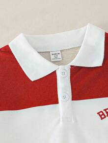 SHEIN Casuvi Kids Tween Girl Casual Striped Polo Collar Long Sleeve Sweatshirt And Mini Skirt Set, Autumn - Red - View 6