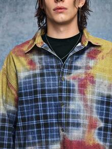 ROMWE MEN Grunge Punk 男士休闲拼布格子纽扣牛仔衬衫，秋季 - 藍色 - 查看 6