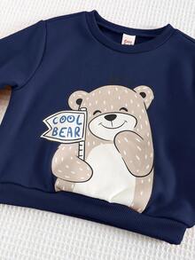 Cozy Pixies 2pcs Baby Boy Cartoon Bear Pattern Thermal Lined Soft Knit Crew Neck Long Sleeve Pullover Top And Solid Color Pants Set