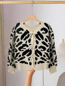 Leopard Print Single-Breasted Loose Casual Bow-Tied Cardigan, Sibling Matching Outfits, Autumn/Winter (Sold Separately, 2 Pieces) Fall - Multicolor - View 1