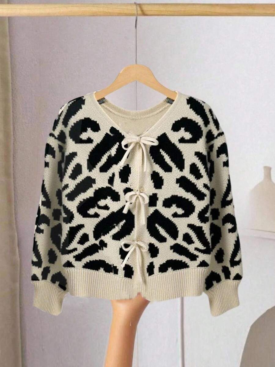 Leopard Print Single-Breasted Loose Casual Bow-Tied Cardigan, Sibling Matching Outfits, Autumn/Winter (Sold Separately, 2 Pieces) Fall - Multicolor - View 1