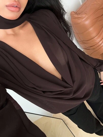 GalTyme Plusstorlek Enfärgad Draperad Halsringning Sexig Mode Långärmad Skjorta