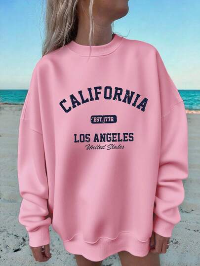 Veykashi Lässiger, minimalistischer Kalifornien Los Angeles GrafikMustert, rosa Rundhals-Loose-Fit Damen Sweatshirt, geeignet für Flughafen und Straßenmode im Herbst und Winter für Frauen