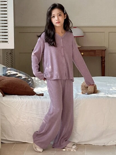 DAZY Tween Girls Ribbed Knit Long Sleeve Top And Pants Pajama Set, Autumn