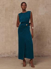 Lumalex VITNOS 秋冬新款高端优雅咖色针织无袖褶皱修身收腰金属扣装饰不对称连衣裙，女秋装，适合演唱会、约会、婚礼、派对、生日 - 水鴨藍 - 查看 9