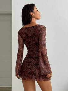 StreetHx Retro American Tie-Dye Wasteland Print Flare Sleeve A-Line Mesh Short Dress, Autumn/Winter - Brown - View 2