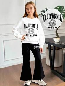 SHEIN 女童熊印花圆领长袖运动衫和紧身裤套装 - 黑與白 - 查看 2