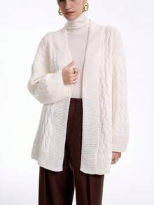 SHEIN LUNE 韩版V领长款开衫，时尚粗针织超大毛衣外套，秋冬 - 白色 - 查看 1
