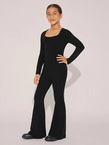 Radiana SLAYR KIDS SLAYR KIDS Tween Girls Solid Color Square Neck Knitted Fuzzy Ribbed Long Sleeve Fitted Jumpsuit With Flare Pants, Basic Casual Sportwear For Autumn/Winter, Black - Black - View 7