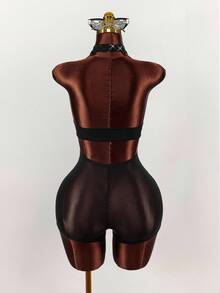 Y2K Amplova Christmas New Year Thanksgiving Party Black Elegant Women's Rhinestone Studded Bodysuit, Backless Sexy Halter Neck, Suitable For Party, Autumn/Winter, Christmas Party Bodysuit Romper Mesh Bodysuit Rhinestone Bodysuit - Black - View 2