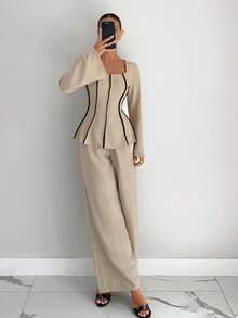 Siren Gaze 2pcs Contrast Trim Flare Sleeve Shirt And Pants Set, Autumn Winter Casual Spring - Apricot - View 4