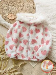 Vintaside Kids Tween Girls Cute Heart Pattern Thermal Lined Hooded Zip-Up Jacket, Pink, Loose Fit, Suitable For Outdoor, Casual, School, Party Wear - Multicolor - View 3