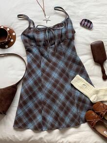 Comfortcana 大码休闲复古蓝棕色格子连衣裙