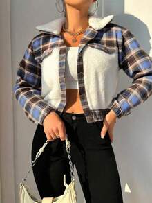 Chiquease Áo khoác nữ cổ lông giả chắp vá cài nút phía trước, Thu/Đông - Màu xanh lam - Xem 7