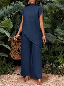 SHEIN Lady 2025 New Plus Size Navy Blue Solid Color Stand Collar Short Sleeve Asymmetrical Hem Textured Fabric Top And Pants 2 Pieces Set  Navy Blue Wide Leg Pants Two Piece Blouses For Women Women's Set Elegant Women's Set