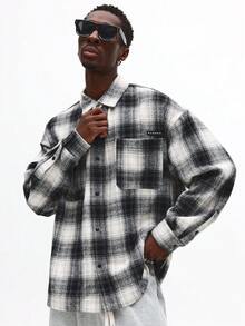 SUMWON Plaid Flannel Button Down Oversized Winter Shacket With Chest Logo Patch Regular Collar Long Sleeve Street Style Casual Outerwear - Black and White - View 1