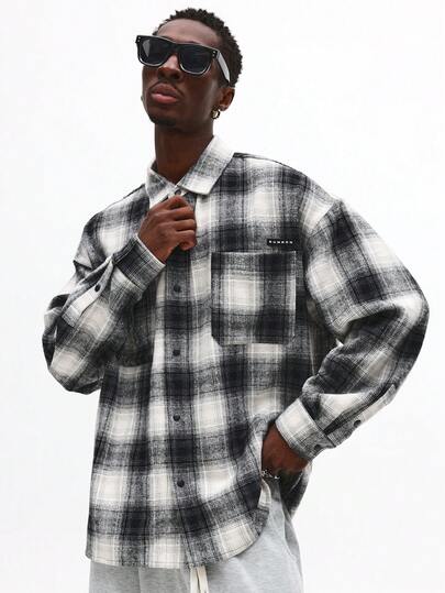 SUMWON Plaid Flannel Button Down Oversized Winter Shacket With Chest Logo Patch Regular Collar Long Sleeve Street Style Casual Outerwear
