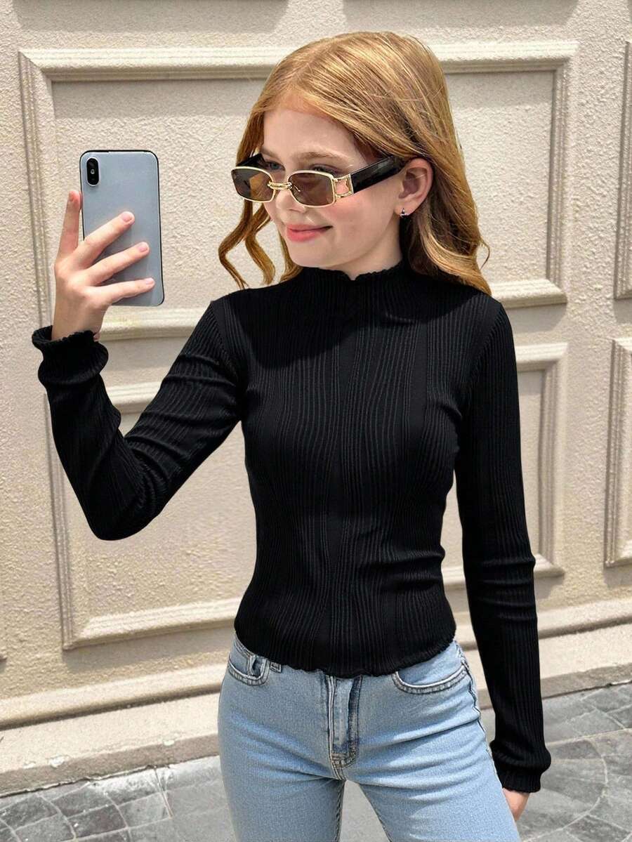 SHEIN 少女休闲简约百搭提花针织立领荷叶边修身长袖黑色T恤上衣，适合日常叠穿，秋冬季节穿着。 - 黑色 - 查看 1