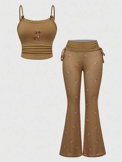 J-Fashion Ensemble femme composé d'un débardeur en dentelle avec broderie de cerf mignon et d'un pantalon évasé plissé avec cordon de serrage