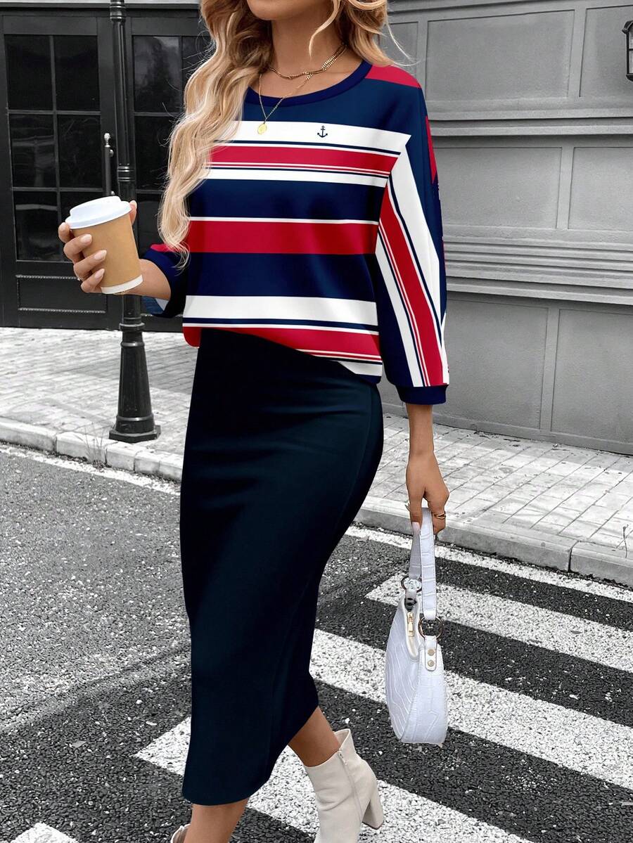 SHEIN LUNE Women's Casual Navy Style Striped Contrast Color 2 Pieces Set, Suitable For Autumn/Winter - Multicolor - View 1