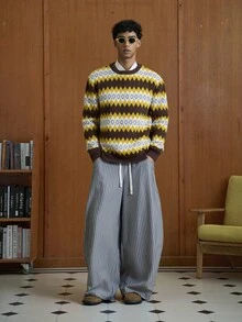 TOKVUE 男士休闲通勤条纹宽松阔腿裤，秋季 - 卡其色 - 查看 3