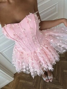 SHEIN BAE 可爱性感3D蝴蝶装饰泡泡袖连衣裙 - 粉色 - 查看 7