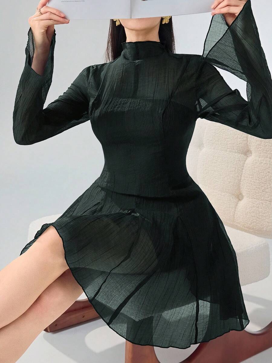 Heiryn Women's Solid Color Stand Collar Flare Sleeve Mesh Fashion Mini Dress - Dark Green - View 1