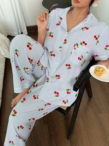 SHEIN 有领扣樱桃条纹印花短袖睡衣套装 - 藍色 - 查看 5