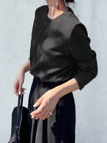 FRIFUL 女式纯色卡其色圆领长袖宽松休闲百搭T恤，秋季 - 黑色 - 查看 5