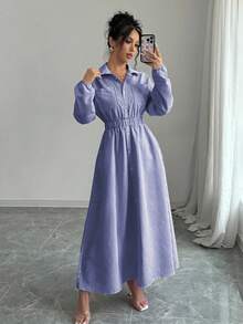 Elenzga 女士春秋季休闲条纹纽扣前开襟衬衫裙长款女装 - 藍白色 - 查看 4