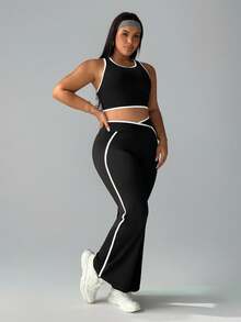 Rhythm Era Conjunto deportivo de talla grande para mujer con cárdigan de manga corta con ribete, top corto y pantalones acampanados