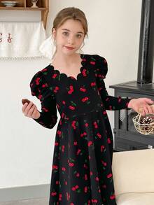 LMoss Kids Vestido casual de malha com estampa de cereja e manga gigot para meninas pré-adolescentes