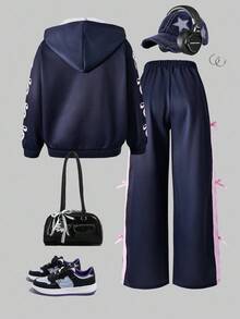 2 件套青少年女孩休闲蝴蝶结连帽拉链夹克和阔腿裤保暖内衬套装，秋冬 - 寶藍色 - 查看 2