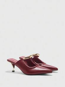CUCCOO BIZCHIC 女士尖头细高跟鞋，优雅通勤工作办公室正式场合鞋，勃艮第酒红色 PU 皮革穆勒鞋，带金属新月形扣装饰 - 酒紅色 - 查看 6