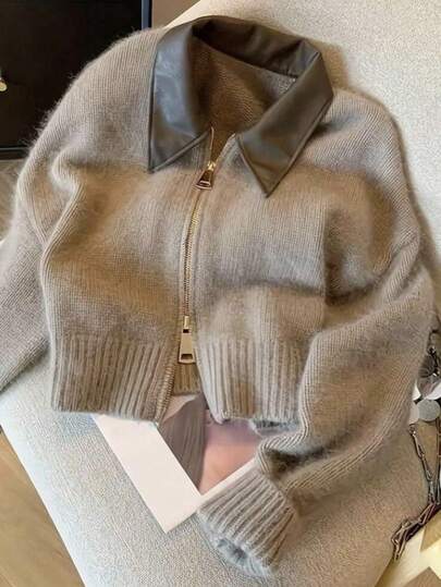 Muvela 女式复古卡其色拼布领短款休闲双拉链针织开衫，秋冬