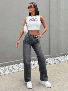 SHEIN Cottnline HIGH RISE STRAIGHT CUT LIGHT BLUE JEAN TALL ,Petite Women - Light Grey - View 5