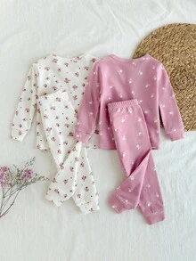 Loomiva 4 件套女婴植物花卉图案针织柔软圆领长袖上衣和松紧腰紧身裤贴身睡衣套装