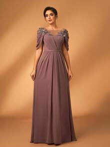 Serin 女士优雅雪纺面料圆领透视长袖褶皱亮片贴花微美人鱼裙摆连衣裙，适合新娘母亲、婚礼、活动、派对、正式场合、情人节等场合穿着。 - 咖啡棕 - 查看 7