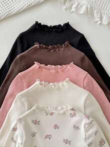 Cozy Pixies 5pcs Baby Girl Floral Textured Turtleneck Long Sleeve Ruffle Hem Pullover Top Set Fall Winter - Pink - View 4