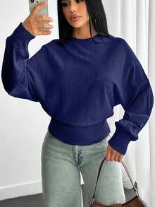 SHEIN Cottnline Structured Knit Sweater With Voluminous Sleeves Fitted Waist Curved Ribbed - Navy Blue - View 5