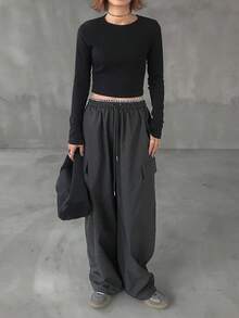 FRIFUL 女式腰部格纹拼布直筒工装运动裤女式慢跑裤 - 藏蓝色 - 查看 4