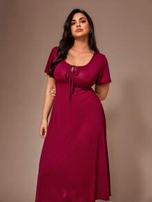 Lazeform Plus Size Women Casual Fitted Drawstring Decor Solid Color Knit Long Nightgown - Burgundy - View 4