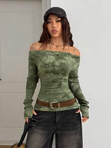 StreetHx Y2K Retro Graphic Print Fitted Casual Long Sleeve Off-Shoulder T-Shirt - Multicolor - View 4