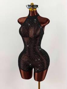 Y2K Amplova Christmas New Year Thanksgiving Party Black Elegant Women's Rhinestone Studded Bodysuit, Backless Sexy Halter Neck, Suitable For Party, Autumn/Winter, Christmas Party Bodysuit Romper Mesh Bodysuit Rhinestone Bodysuit - Black - View 4