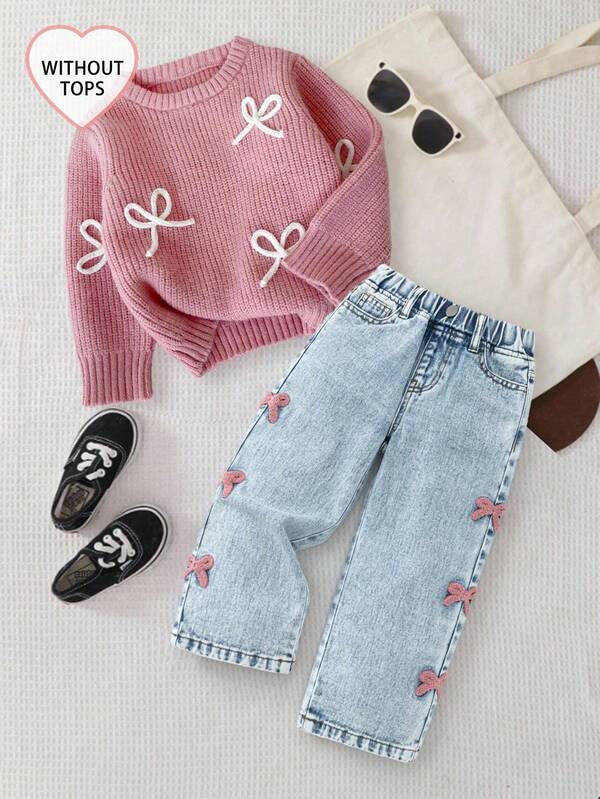 SHEIN Playful Pals Jeans rectos azules con efecto desgastado, moda versátil para niñas