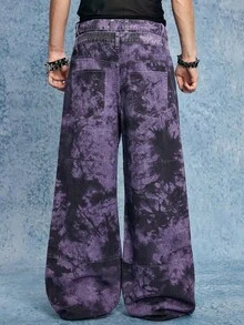 ROMWE MEN Grunge Punk Blugi bărbătești violet cu imprimeu tie-dye și buzunar, casual, la modă, cu picior larg - Violet - Vizualizare 2