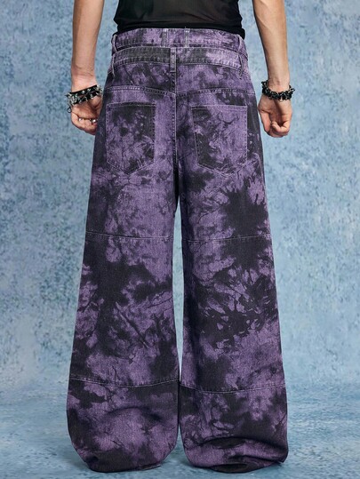 Grunge Punk Jeans décontractés à jambes larges avec imprimé tie-dye violet pour hommes