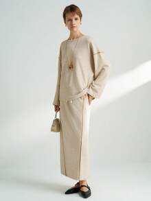 INAWLY 2 件套简约纯色圆领长袖上衣和裙子，优雅休闲 - 卡其色 - 查看 3