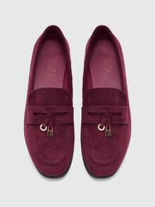 CUCCOO BIZCHIC 女士时尚休闲通勤平底乐福鞋，金色锁扣设计 - 酒紅色 - 查看 2